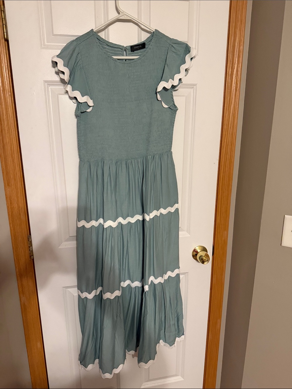 Smocked Sage Green Maxi Dress with White Ruffle Trim